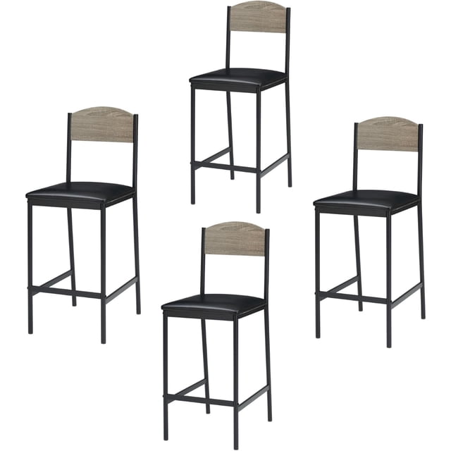 Silla de Bar Alta con Respaldo Curvo - Tapizado en Piel Sintética, 300 lbs Capacidad, Marco de Metal, Gris, 4 sillas
