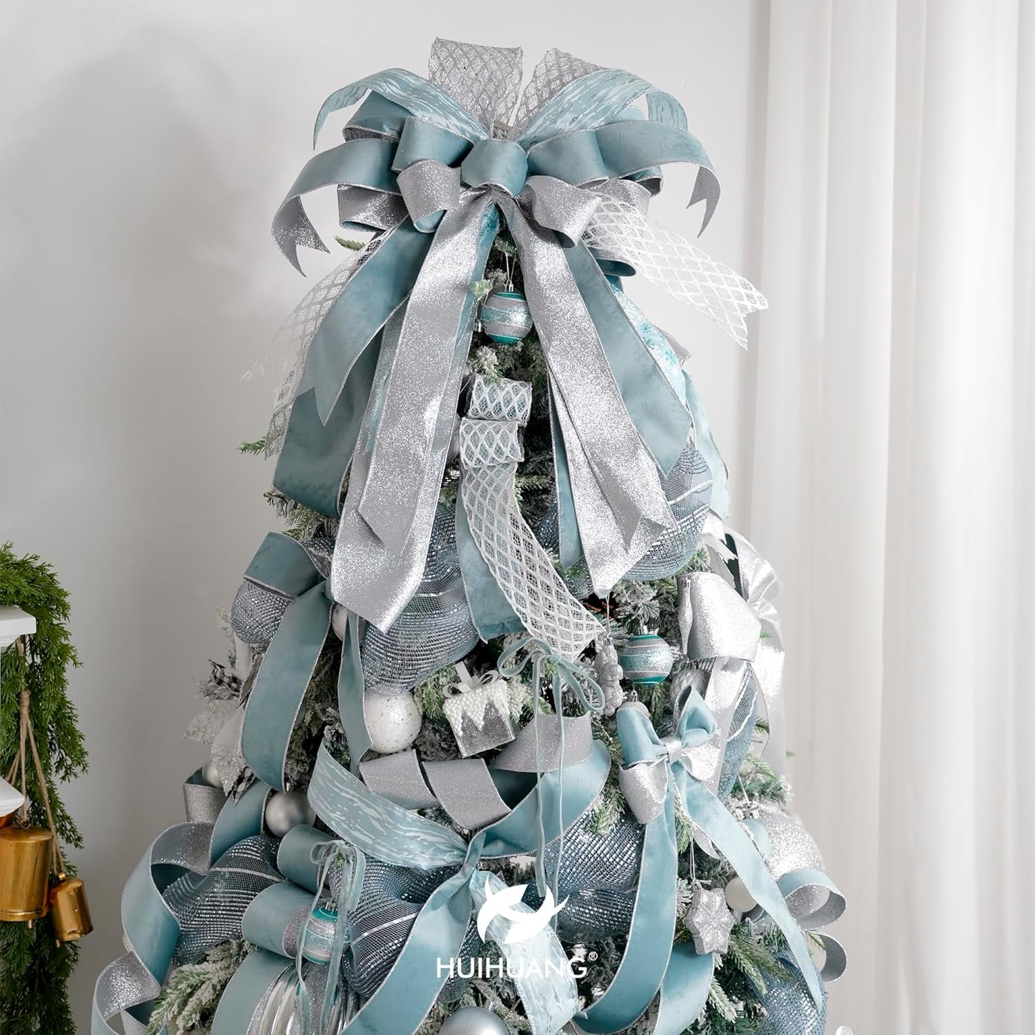Christmas Velvet Wired Ribbon 4 inch Dusty Blue Velvet with Silver Glitter Wired Ribbon for X-mas Trees Decoration, Large Bows, Holiday Crafts, Wreaths Supplies- Continuous 10 Yards