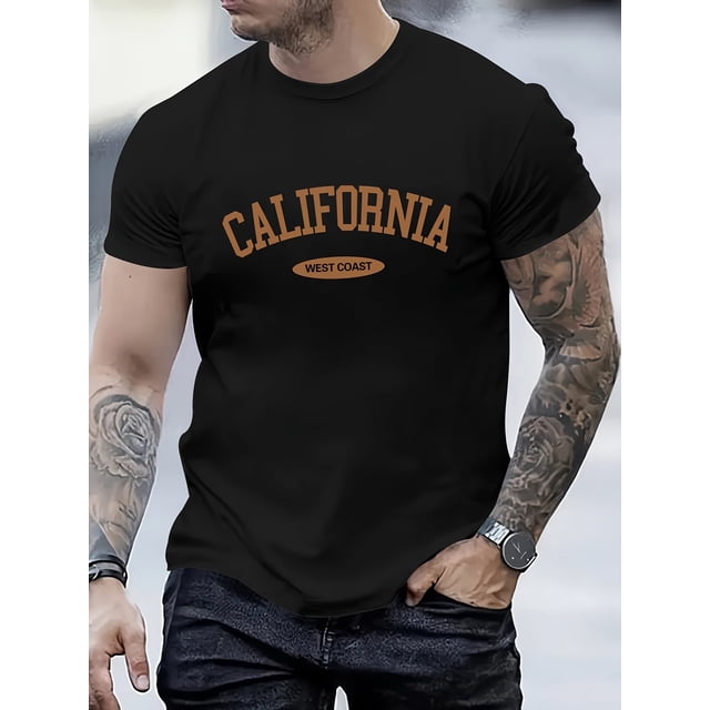 CALIFORNIA Letter Print, Men's Round Neck Short Sleeve T-shirt, Casual Comfy Lightweight Top For Summer, Casual Sporty Tee, Summer Gifts