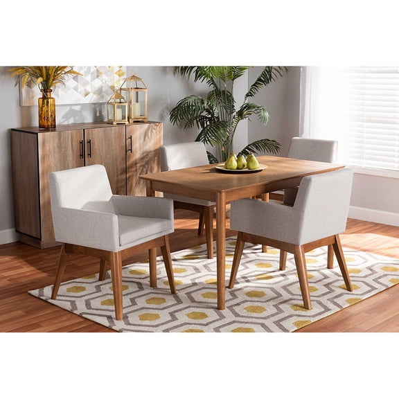 Baxton Studio Dorina Mid-Century Modern Greyish Beige Fabric Upholstered and Walnut Brown Finished Wood 5-Piece Dining