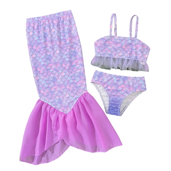 YUEHUA Girls 3 Piece Swimsuit Bathing Suits Bikini with Cover Up Skirt with Tail Cover Ups Skirt for 8-9 Years