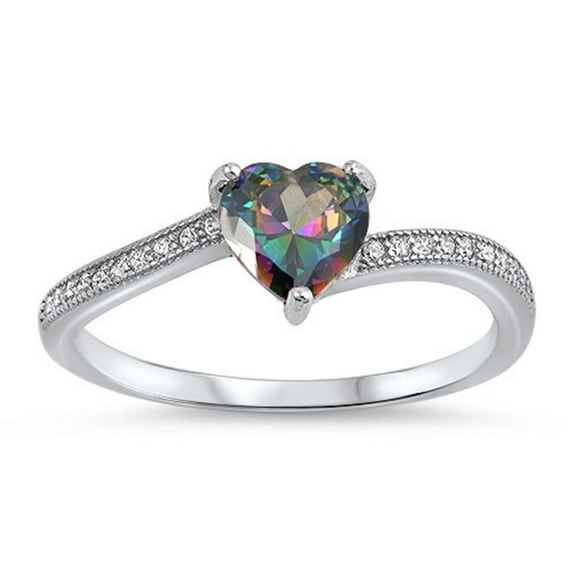 Rainbow Simulated Topaz Clear CZ Heart Shape Ring Sterling Silver Size 7