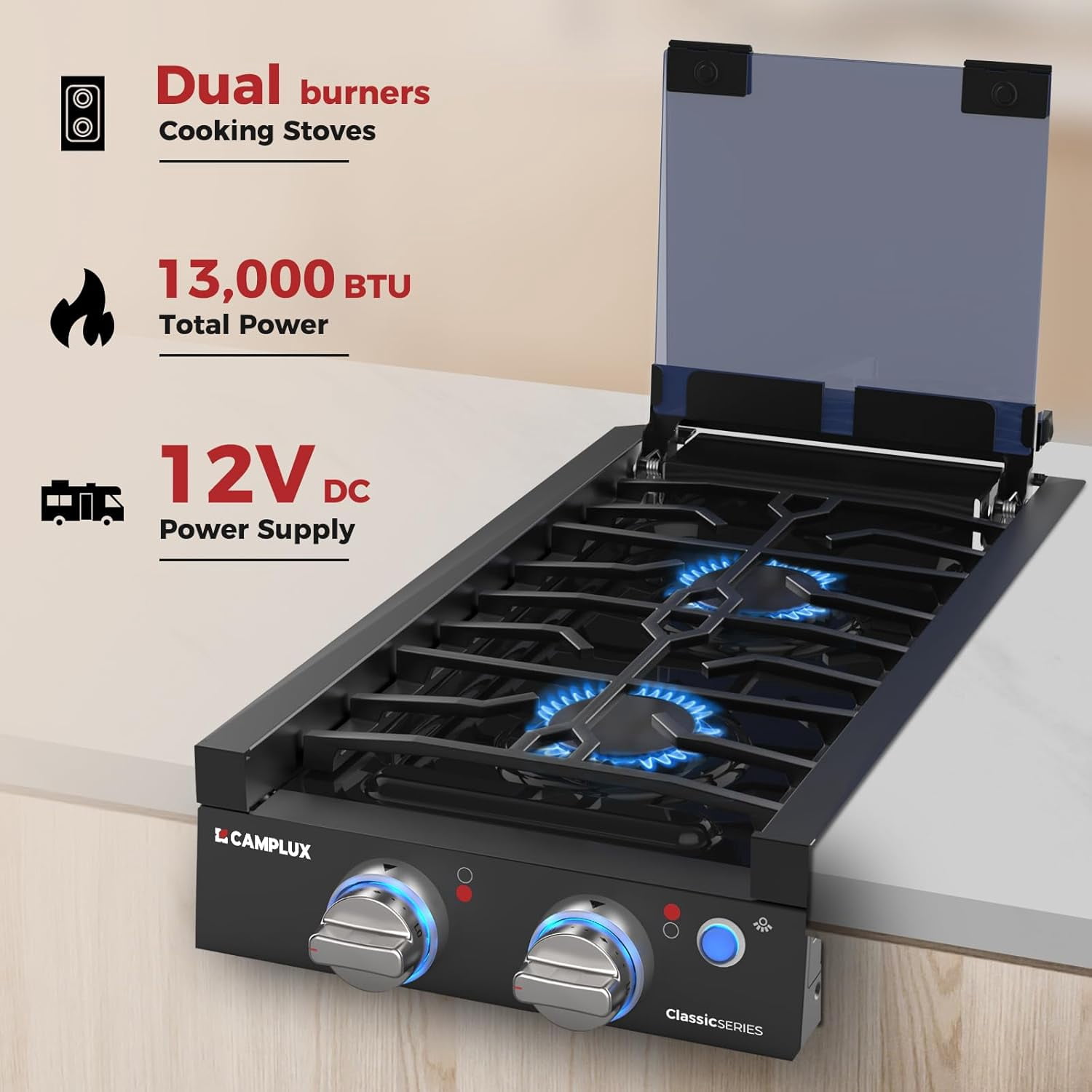 Camplux 12 Inches Gas Range 2 Burners Propane RV Cooktop Stove 13,000 BTU, 12V