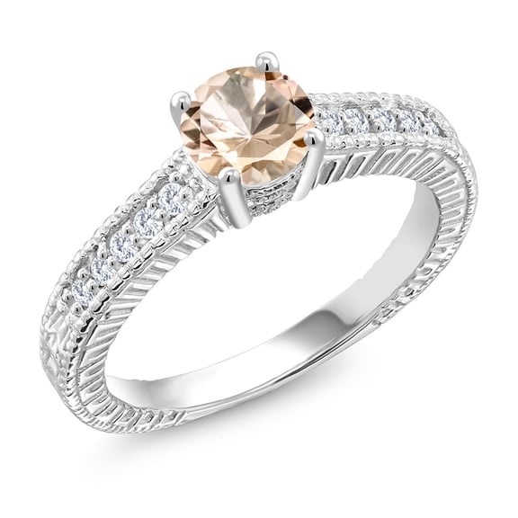 Gem Stone King 925 Sterling Silver Ring Round Peach Morganite and Moissanite (0.75 Cttw, Size 5)