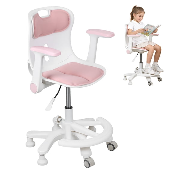 Kids Desk Chair, Ergonomic Swivel Study Chair with Armrest Footrest, Adjustable Seat Height Computer Chair for Children Boys Girls Students