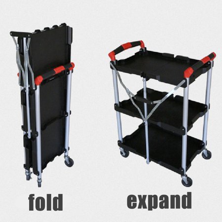 Strikey Wheeled Folding Service Cart, 3-Tier Rolling Foldable Utility Cart, 49.6 lbs. Portable Folding Food Cart, Suitable for Home Kitchen Garage Dining Room Storage, Black