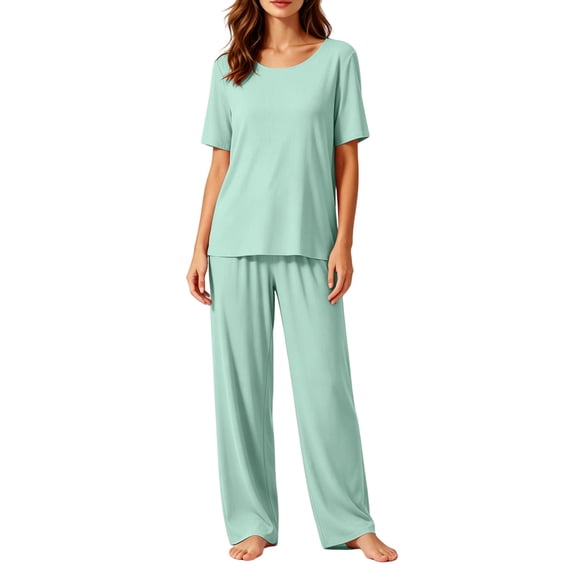 Pajama Sets for Women Round Neck Short Sleeve Tees with Wide Leg Pants Comfy Loungewear Summer Sleepwear Set Green 3XL