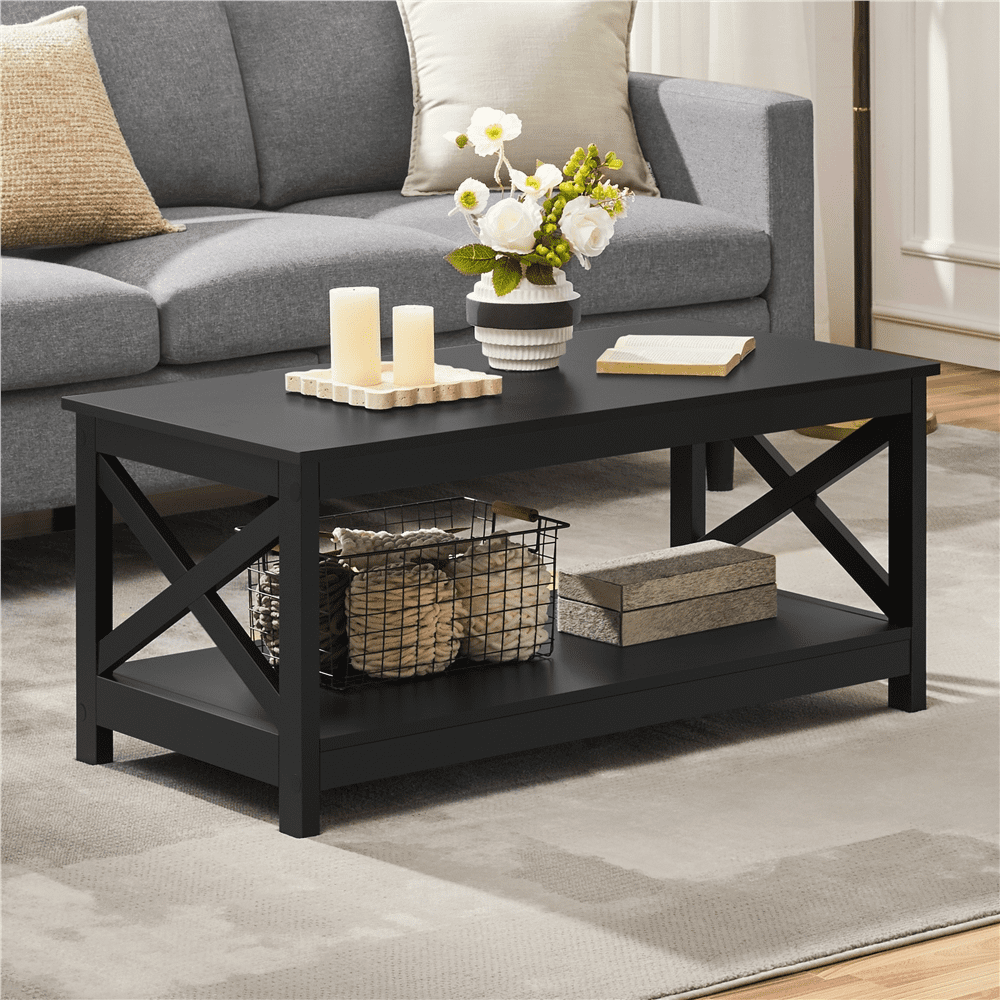 Topeakmart X-Design Coffee Table Living Room Furniture Table with Storage Shelf, Black