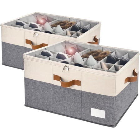 Shoe Organizer for Closet Foldable Shoe Storage Bins with Clear Cover Space Saving Shoes Holder with 4 Handles Large Adjustable Shoe Box Storage Containers Fits 12-24 Pairs 2 Pack Beige