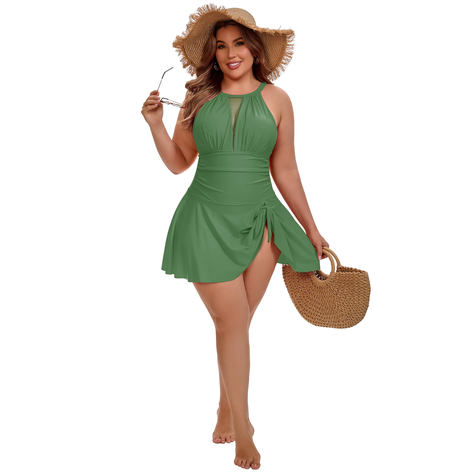 DARING DIVA Women's Plus 1 Piece Halter Mesh Sheer Tie Swimwear L Army Green