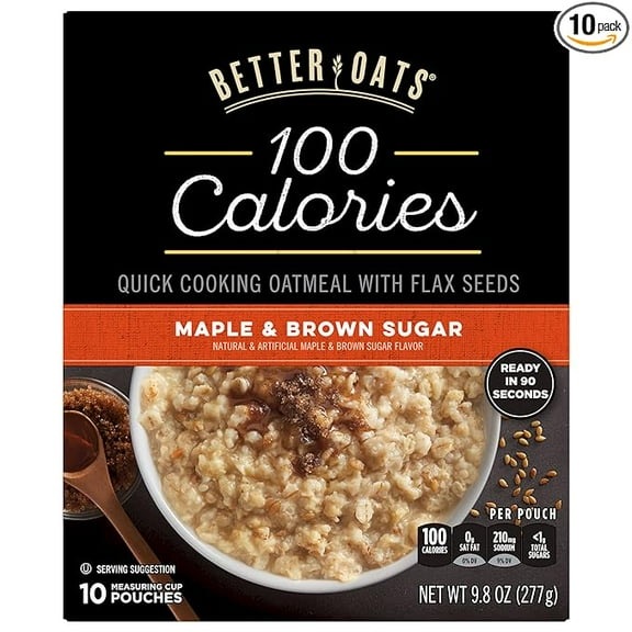 Better Oats 100 Calorie Maple and Brown Sugar Oatmeal Packets, 100 Calorie Oatmeal Pouches, 90 Second Instant Oatmeal with Flax Seeds and Rolled Oats, Pack of 10, 9.8 OZ Pack ( Pack of 2 )