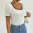 thumbnail image 3 of Besolor Womens Summer Tops Knit Lace Splicing Scoop Neck Basic Tee Casual Short Sleeve Slim Fitted Going out Shirts, 3 of 9
