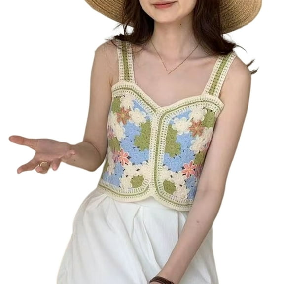 GRABLOOM Women Knitting Cotton Crochet Tank Tops Floral Embroidery Sleeveless Tank Tops
