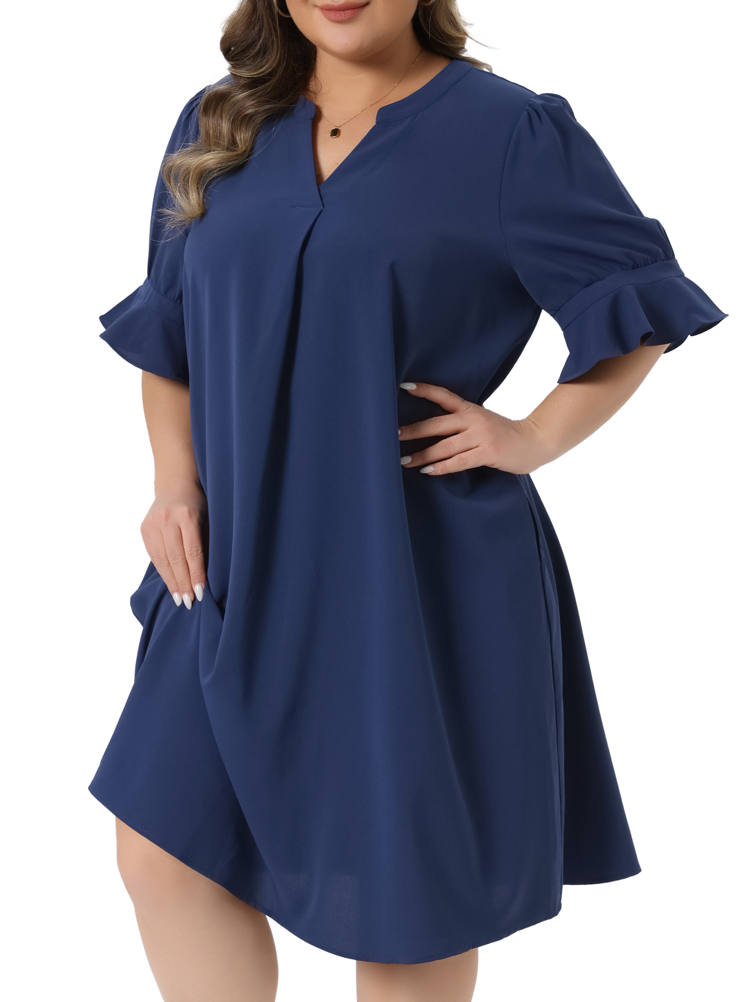DARING DIVA Women's Plus Dresses Notch V Neck Bell Short Sleeve Casual Aline 1X Dark Blue