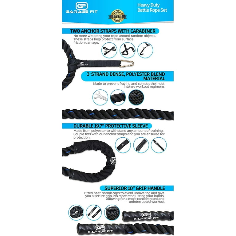 Garage Fit Battle Ropes for Exercise Training 1.5 2 x30 40 50 Lengths Heavy Duty Poly Dacron Waterproof Grip Ends Wear Resistant Thick Battle