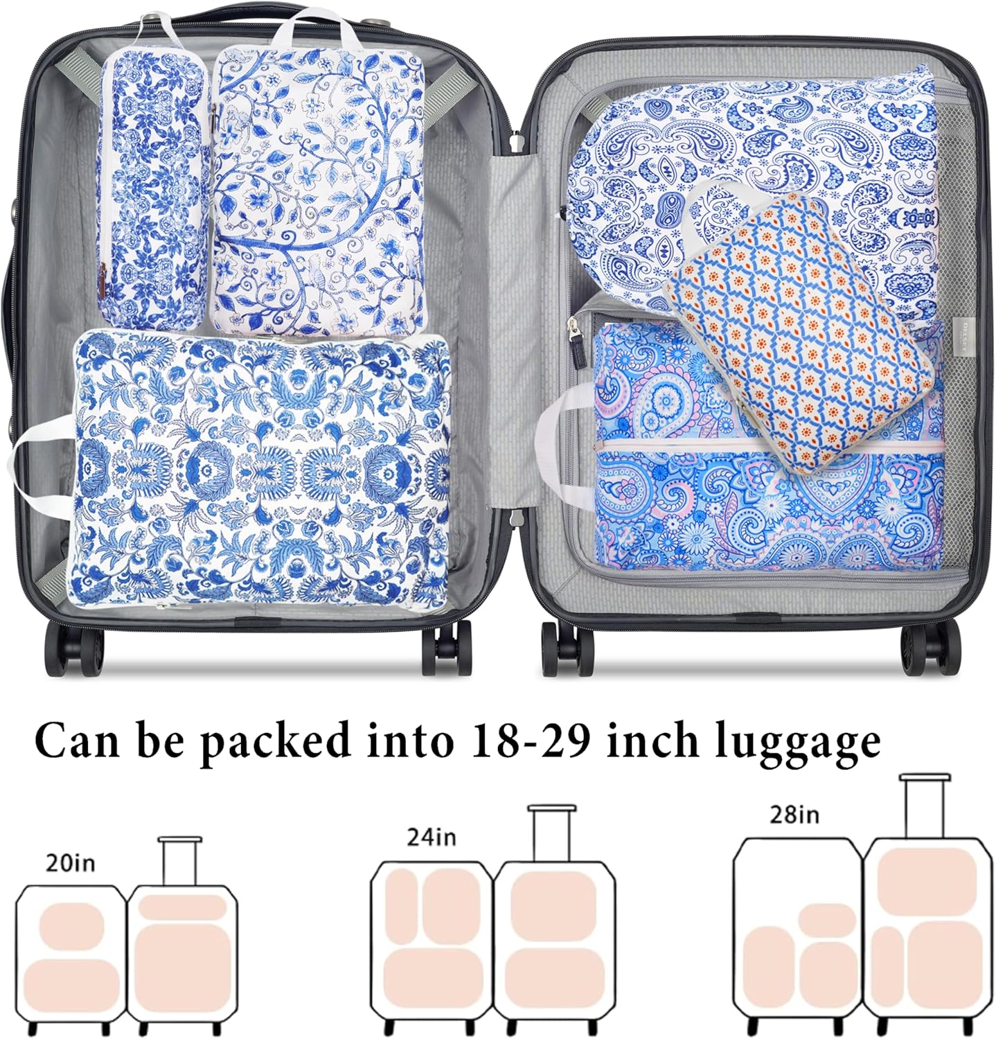 Compression Packing Cubes for Suitcases, 8 Set Travel Luggage Organizer Bags, Lightweight Waterproof Smell Proof Blue Pottery & Paisley Packing Cubes as Travel Accessories for Women