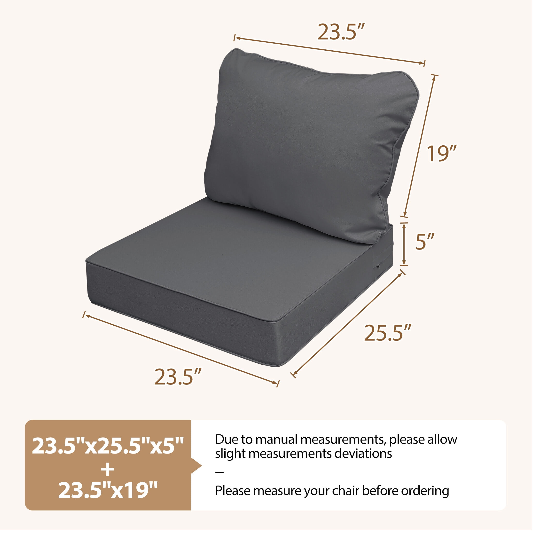 23.5 x 25.5 Waterproof Outdoor Deep Seat Cushion for Patio Furniture Cushion Replacement, Mid Back, Set of 4, Dark Gray