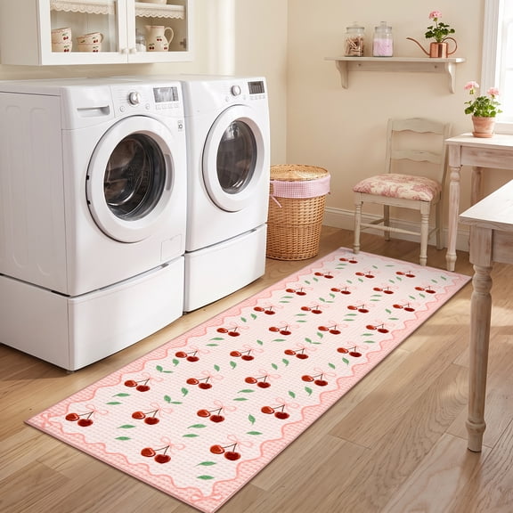 HIWEAVER Pink 2' x 6' Cherry Runner Rug for Kitchen Washable Non Slip Modern Indoor Carpet for Bedroom Decor Low Pile Farmhouse Floor Cover