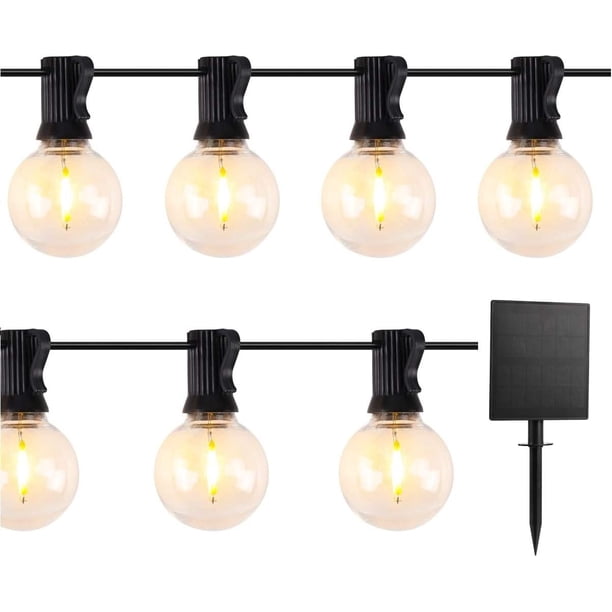 Guirnalda de luces solares para exteriores - 7,6 m - 25 bombillas LED G40 - Alimentación por USB - Decoración para jardín, patio y terraza