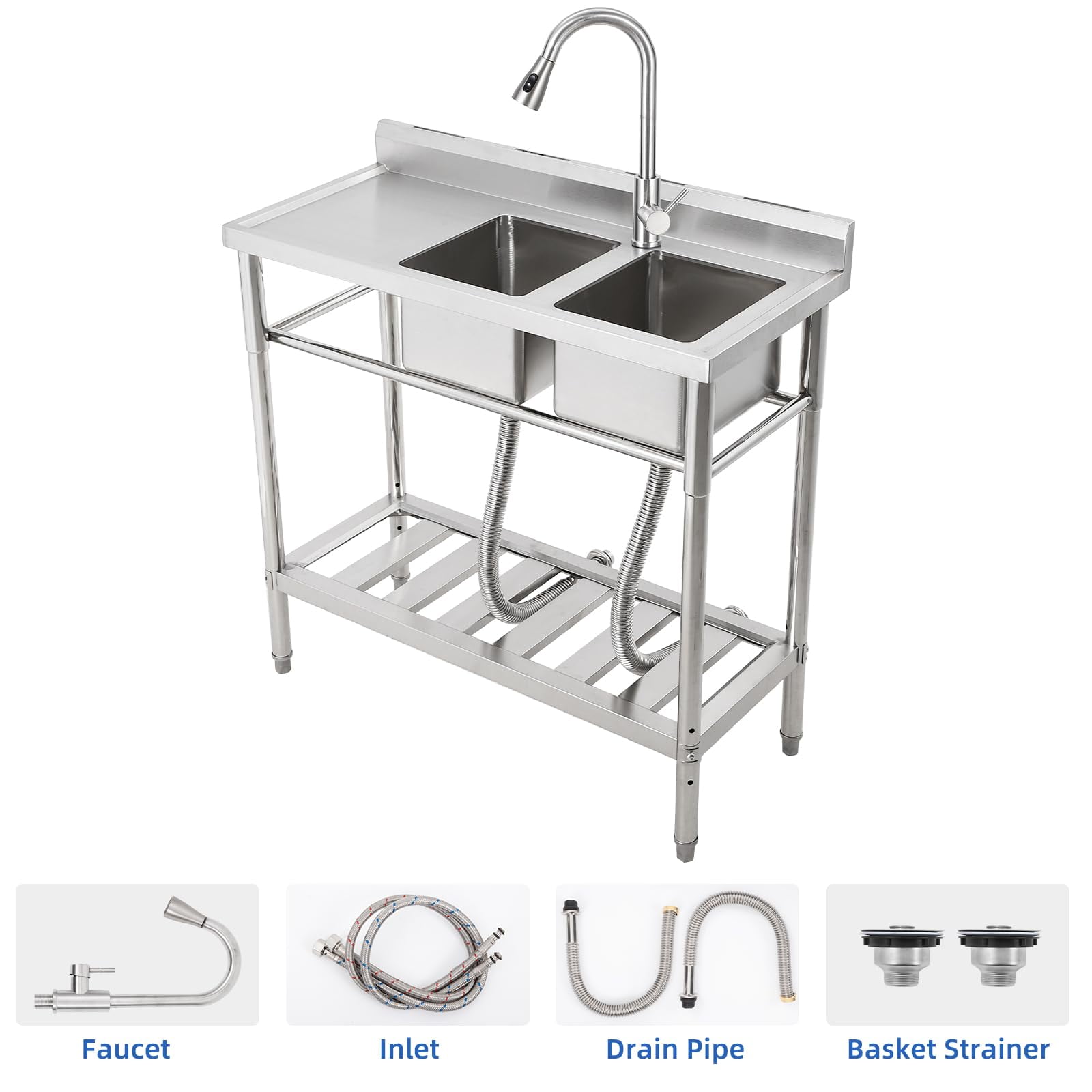Huisuilinss Stainless Steel Utility Sink, 2-Compartment Commercial Kitchen Sink with Pull-Out Faucet, 47 Inch 39Inch Freestanding Sink with Workbench and 2 Storage Shelves for Laundry Room Bathroom