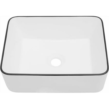 Dcolora 16"x12" Rectangular Vessel Sink with Black Rim – White Ceramic Bathroom Sink, Modern Above Counter Vanity Basin, Stylish Sink for Bathroom Remodel, Luxury Lavatory Sink
