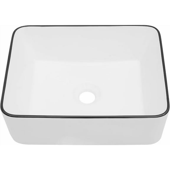 Dcolora 16"x12" Rectangular Vessel Sink with Black Rim – White Ceramic Bathroom Sink, Modern Above Counter Vanity Basin, Stylish Sink for Bathroom Remodel, Luxury Lavatory Sink