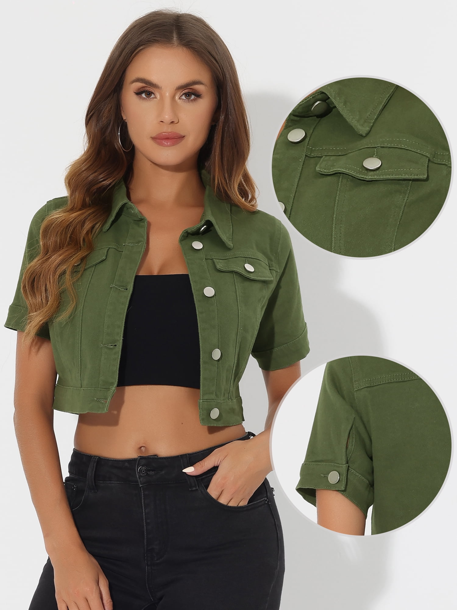 DARING DIVA Women's Short Sleeves Crop Button Down Denim Jacket XL Green