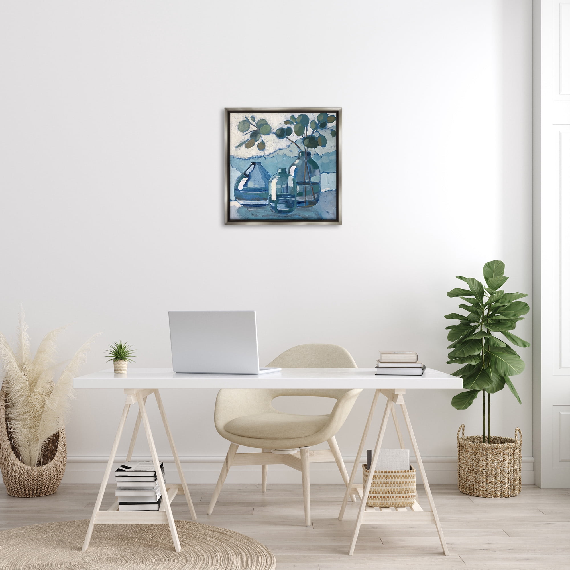 Stupell Industries Soothing Eucalyptus Ikebana Vases Botanical & Floral Painting Gray Floater Framed Canvas Art Print Wall Art, 25 x 25