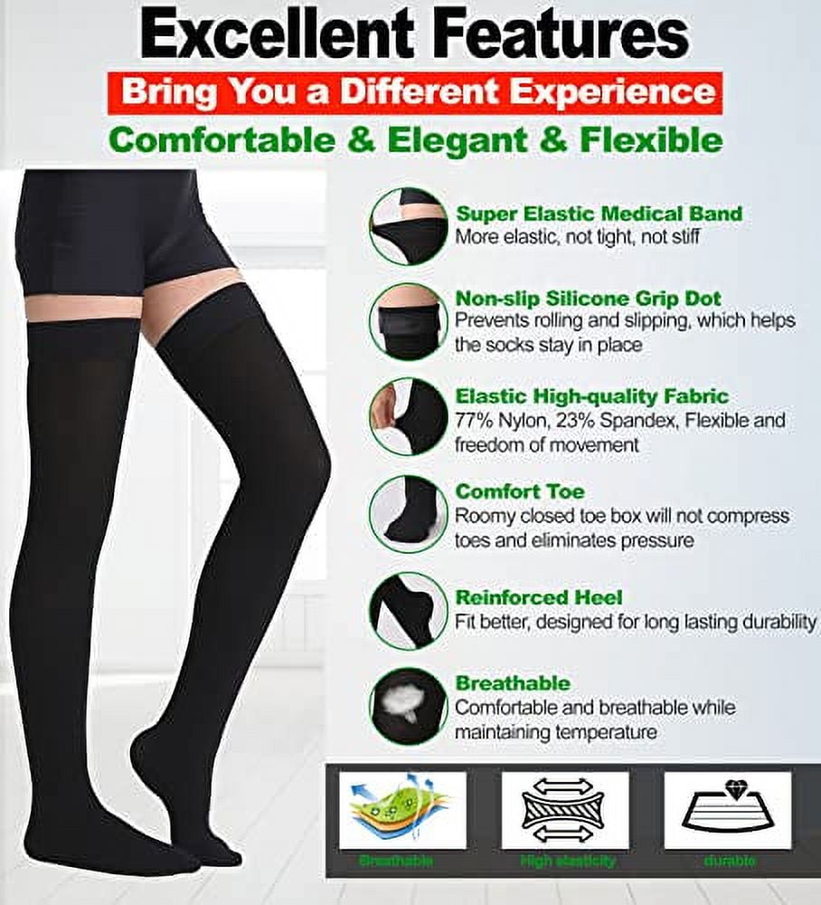Thigh High Compression Stockings, Open Toe, Pair, Firm Support 20-30mmHg  Gradient Compression Socks with Silicone Band, Unisex, Opaque, Best for  Spider & Varicose Veins, Edema, Swelling, Black XL 
