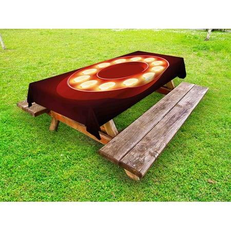 

Letter O Outdoor Tablecloth Entertainment World in Vegas Theme Vintage Casino Nightclub Theater Typeset Decorative Washable Fabric Picnic Table Cloth 58 X 84 Inches Ruby Yellow Black by Ambesonne