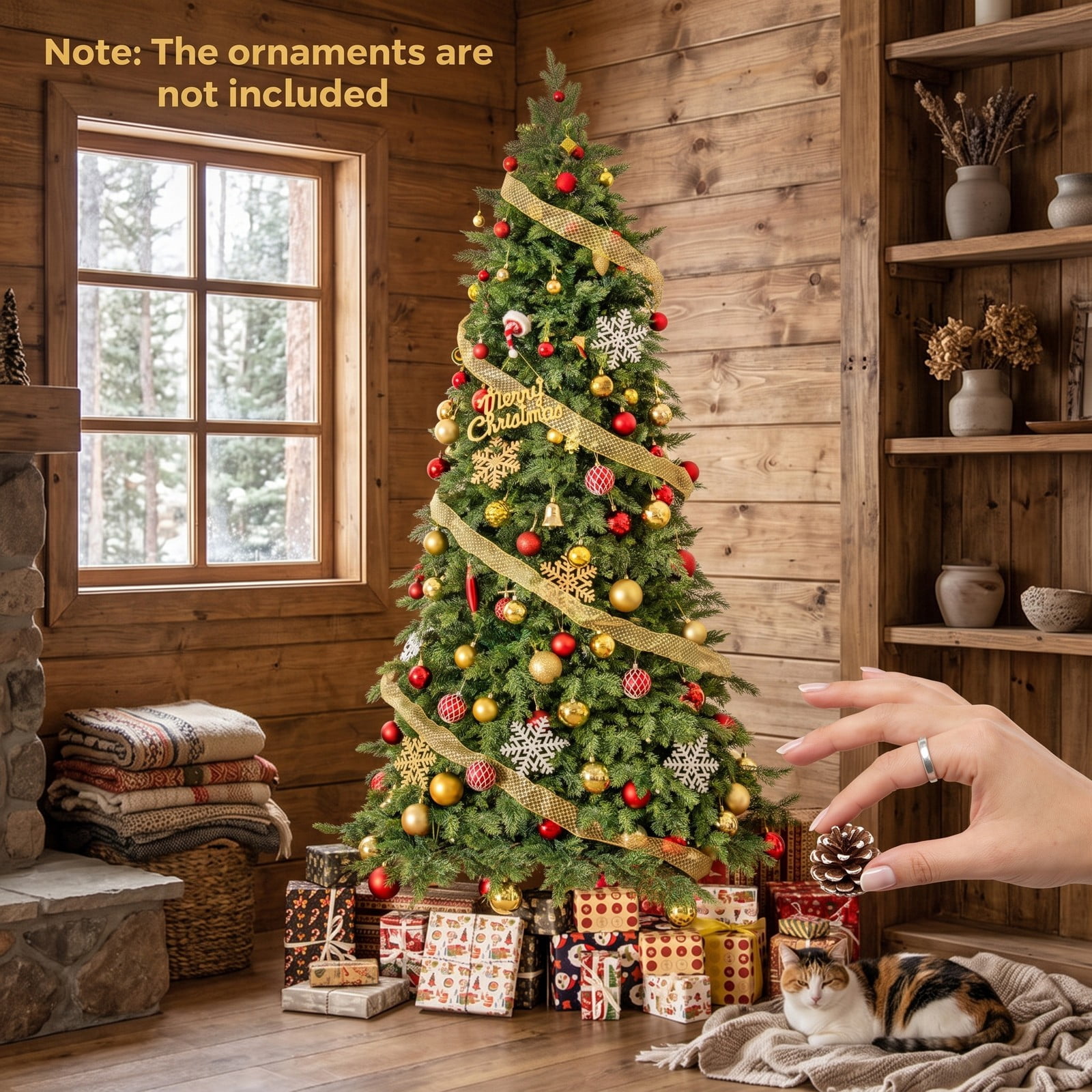 RUIE 7.5 ft Artificial Christmas Tree, Green Hinged Holiday Xmas Tree with 1019 Lush Branch Tips, Foldable Metal Base, 3-Section Unlit Spruce Pine Tree for Home, Green