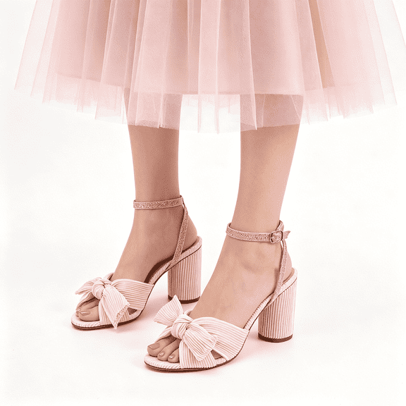 Women's Bow Knot Heeled Sandals Chic Pleated Bow Chunky Heels Wedding Shoes Adjustable Ankle Buckle Straps Block Sandals High Slingback Dress Shoes