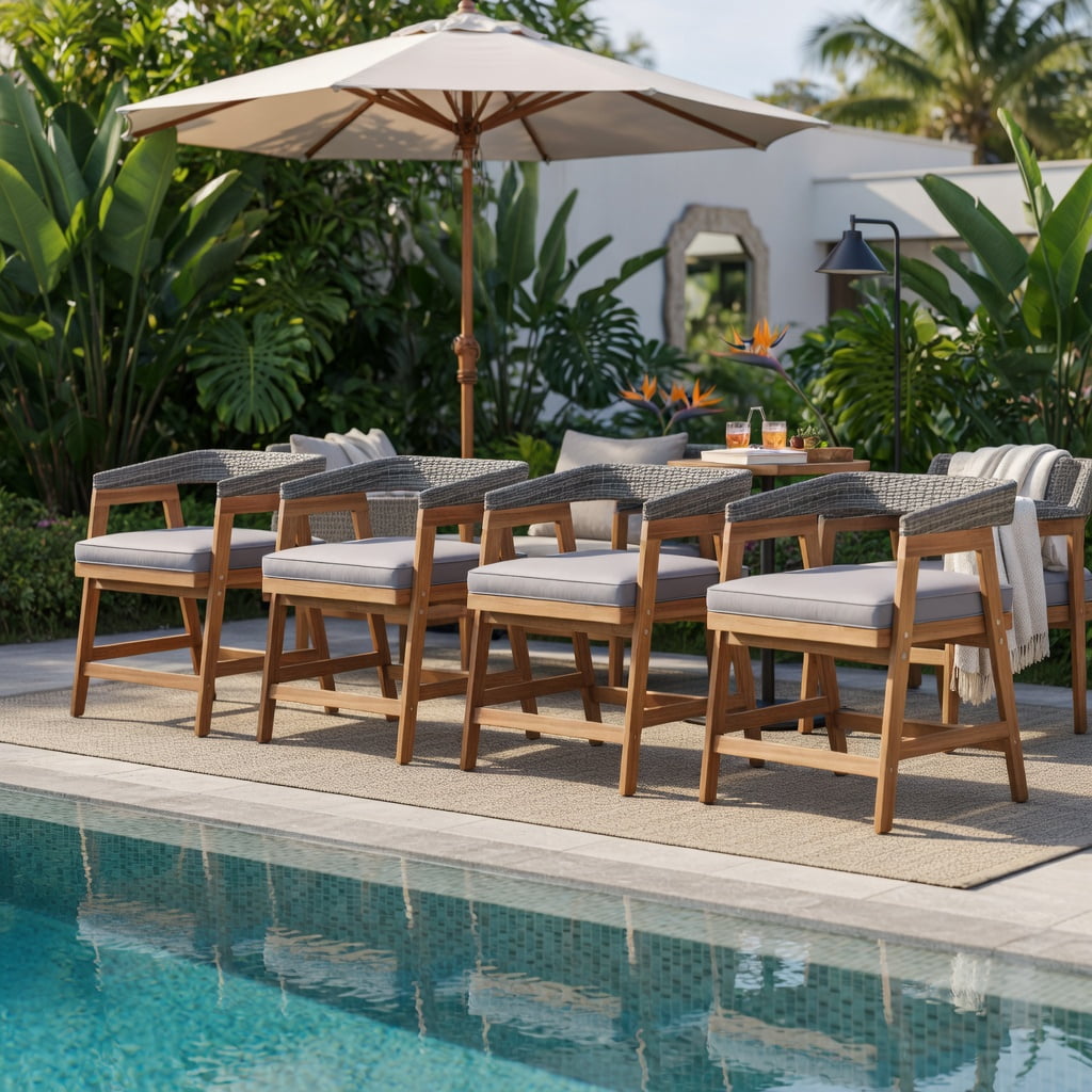 Hommoo 4-Piece Outdoor Dining Chair Set, Acacia Wood Frame with PE Rattan Weave & Cushions for Patio, Backyard, Poolside, Ergonomic Design, Gray