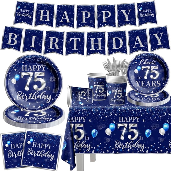 142 Pcs 75th Birthday Tableware Set Decorations Sliver and Blue 75th Happy Birthday Party Supplies for Men Women Birthday Tablecloth,Plates, Napkins, Cups,Forks and Knives