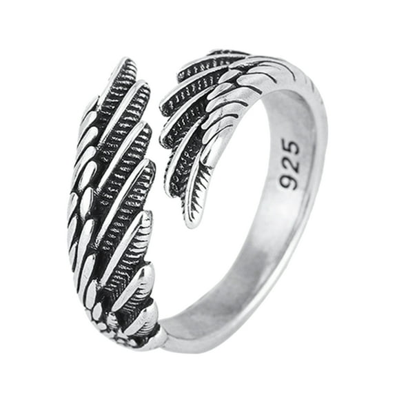 HOTYA Men Women Vintage Feather Silver Ring Adjustable Angel Wing Ring Fashion Jewelry