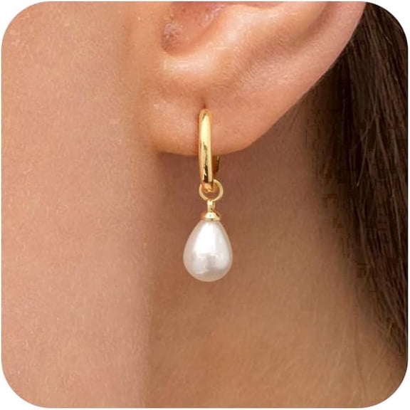 YMCSTONEMA  1 pair Dangle Huggie Hoop 14K Gold-Plated, Faux Pearl Earrings, Gold-Plated women earring