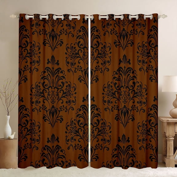 Manfei Female Men Black Damask Blackout Curtains Set of 2 (52x84 Each),Bohemian Hippie Window Curtains,Boho Traditional Flower Curtains and Drapes,Luxury Bedroom Decor