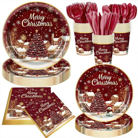 140Pcs Christmas Party Supplies Snow Christmas Tree Plates and Napkins Red Tableware Set Winter Birthday New Year Party Decorations Paper Plates, Serve for 20 Guest