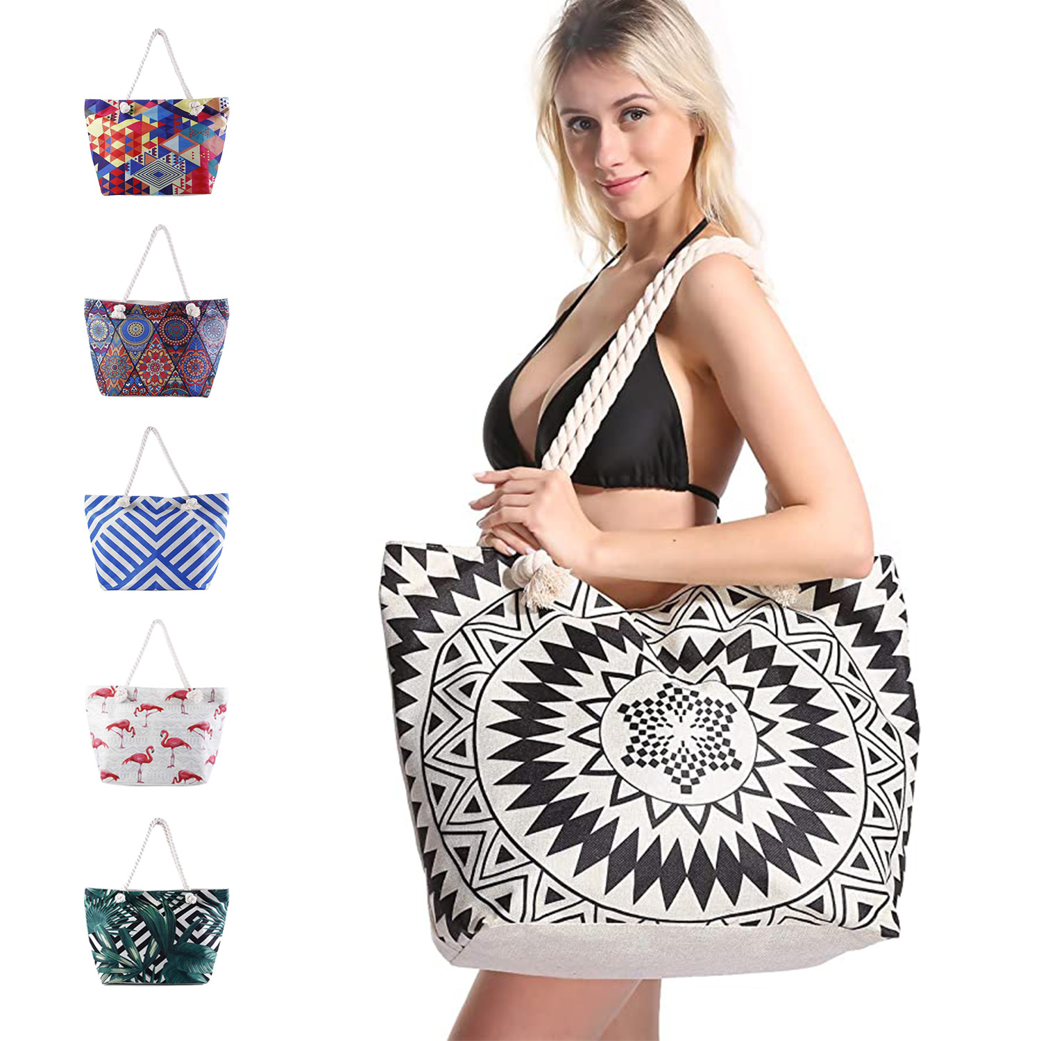 Extra Large Beach Bags Totes for Women Waterproof Sandproof Big Tote Bag with Zipper, Inner Pockets Rope Handle Canvas with Zip Closure Swim Pool Gym Picnic Travel Weekend Accessorie Handbag Gifts