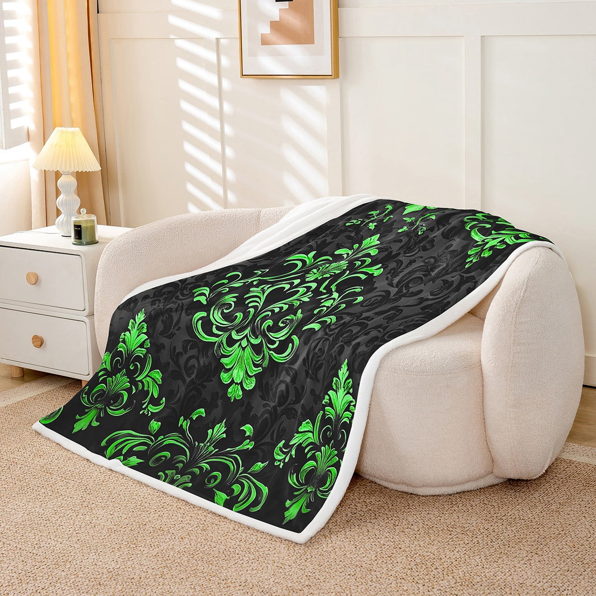 Manfei Victorian Damask Flannel Blanket 90x90, Vintage Baroque Floral Sherpa Throw, Black Green Plush Throw Blanket, Breathable Bedroom Decor