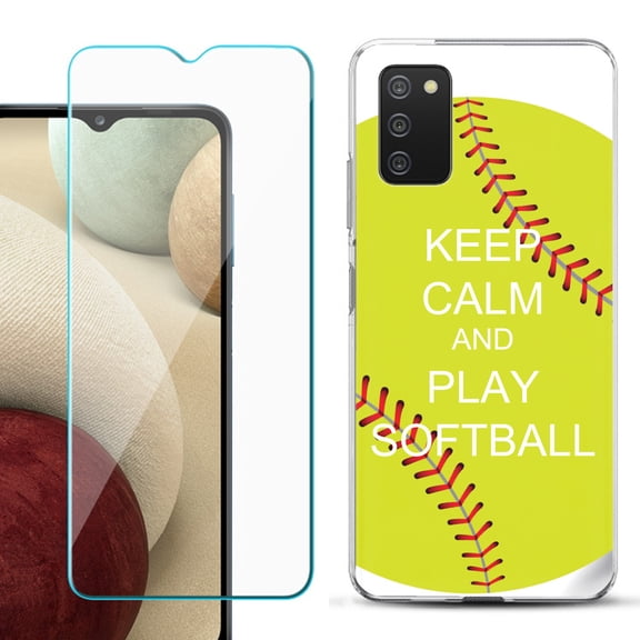 Slim-Fit TPU Fashion Phone Case for Samsung Galaxy A03s, with Tempered Glass Screen Protector, by OneToughShield ® - Keep Calm Softball