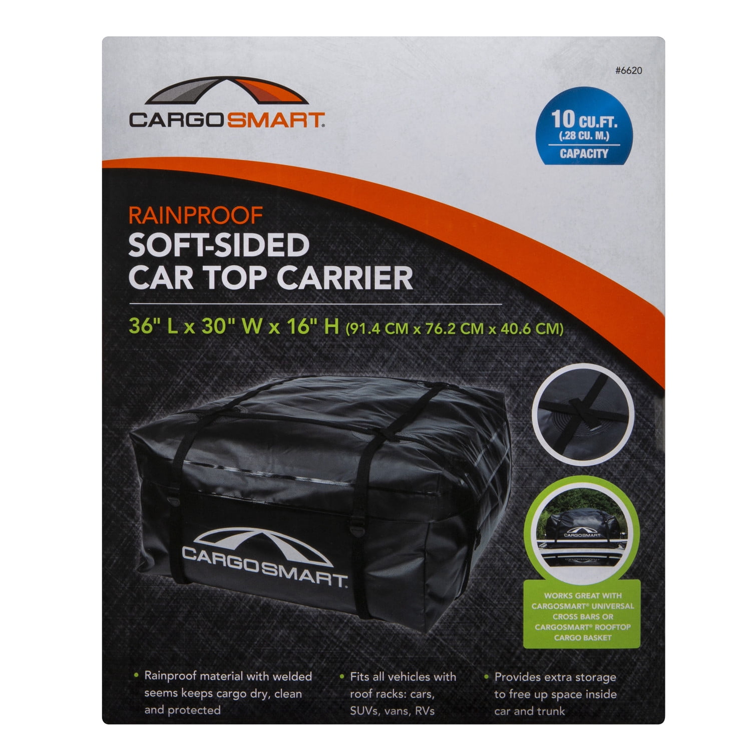 CargoSmart Soft-Sided Car Top Carrier - Water Resistant - 10 cu ft - 36 x  30 x 16 CargoSmart Car Roof Bag CS44FR