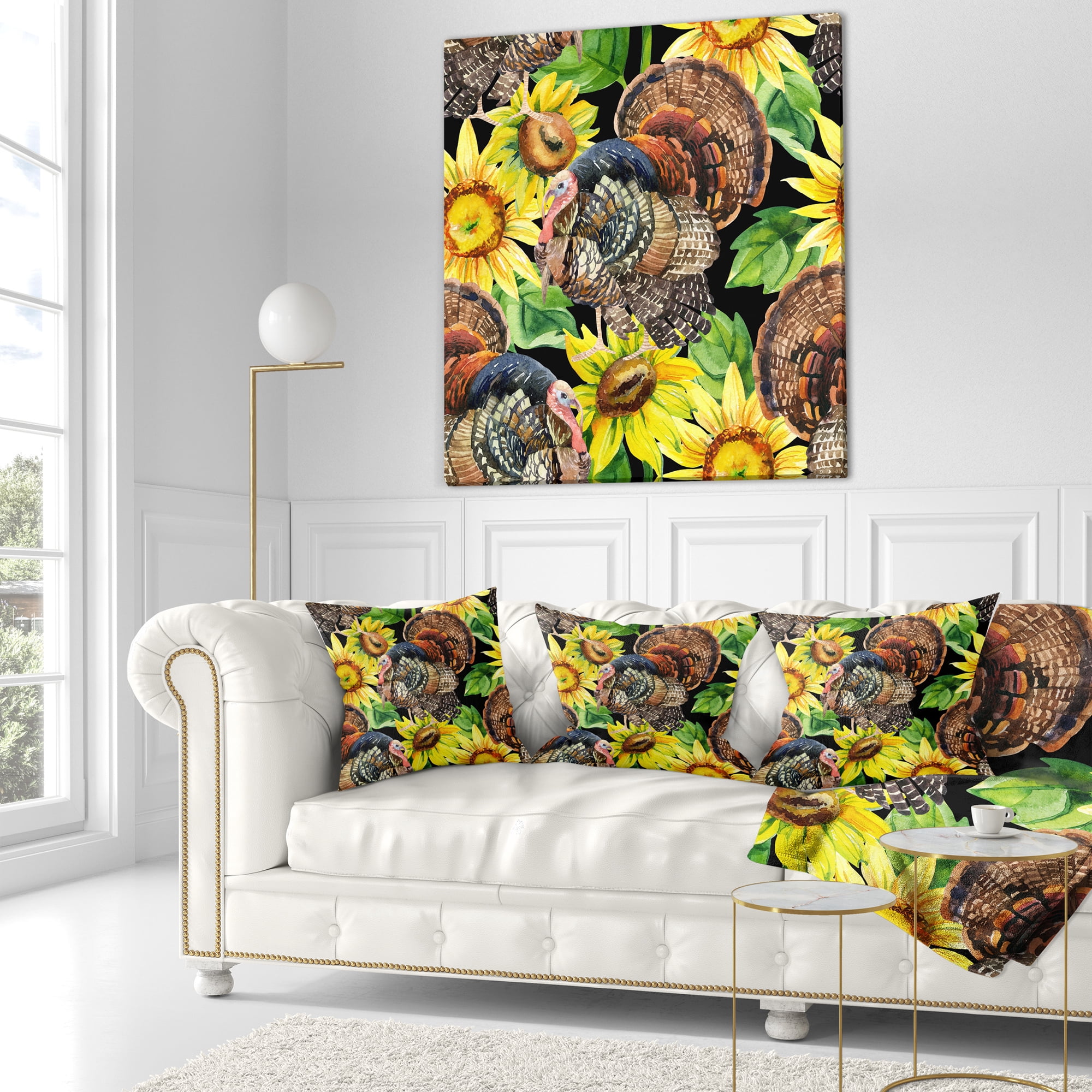 Designart Turkey Bird with Sunflowers - Floral Throw Pillow - 16x16
