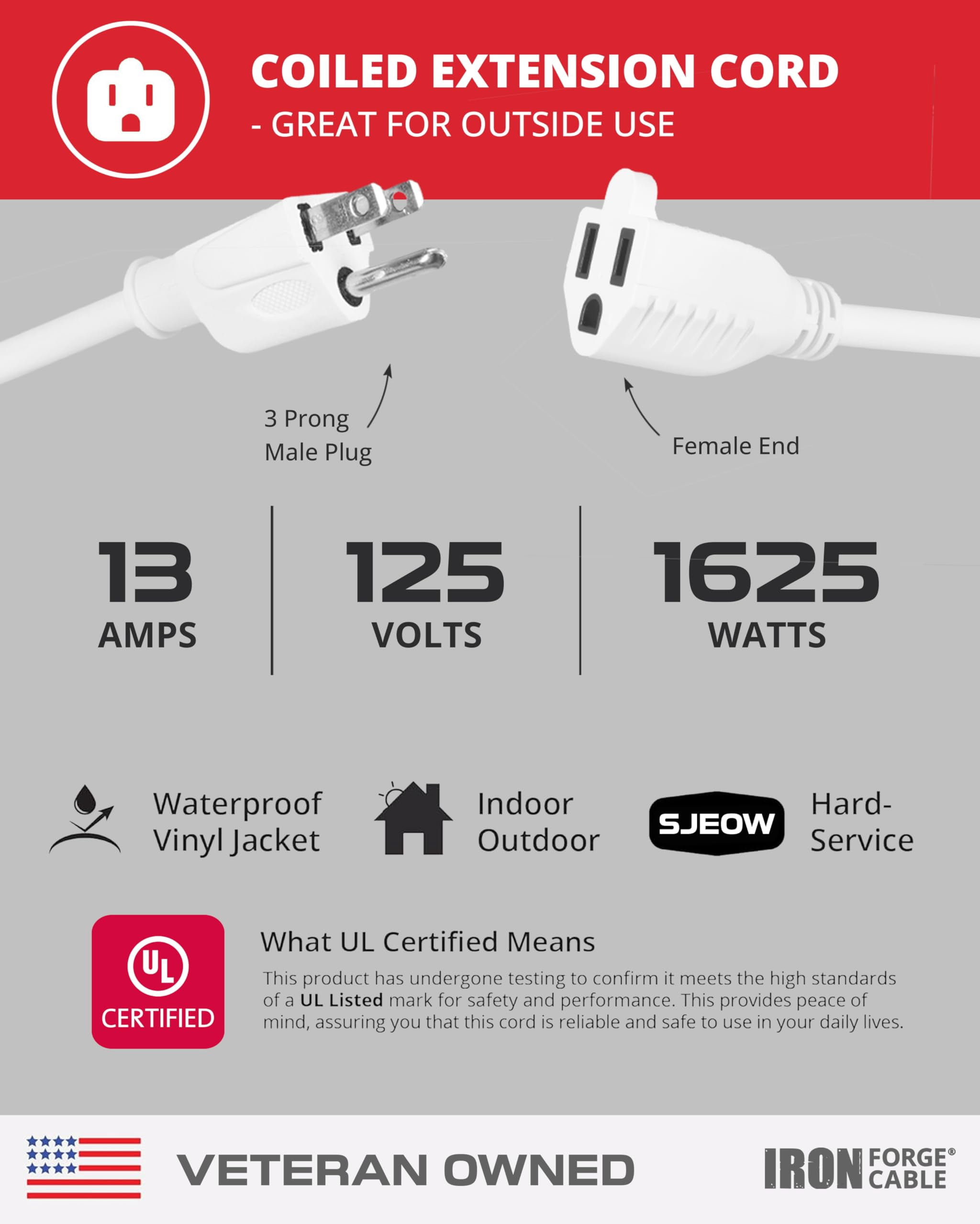 Iron Forge Cable SJEOW White Outdoor Coiled Extension Cord 20 ft,16/3, 13 Amp Oil Resistant & Flame Retardant 3 Prong Coiled Electrical Wire for Outdoor & Indoor
