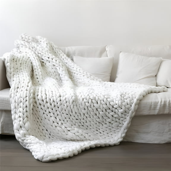 AUQ Chunky Knit Blanket Chenille Throw Blanket Knitted Throw Blanket for Bed,Sofa&Chair - Soft Chenille Yarn Home Decor Large Knit Throw Blankets (80*100cm,White)