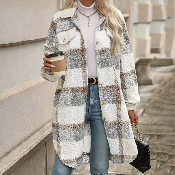 DDAPJ pyju Womens Plaid Fleece Jacket Long Tartan Trench Coat Button Down Shacket Fall Winter Sherpa Jackets White XL