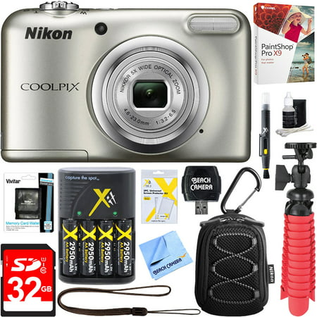 Nikon COOLPIX A10 16.1MP 5x Optical Zoom NIKKOR Glass Lens Digital Camera (Silver) + 32GB SDHC High Speed Memory Card+ AA Spare Batteries + Accessory (Best High Speed Digital Camera)
