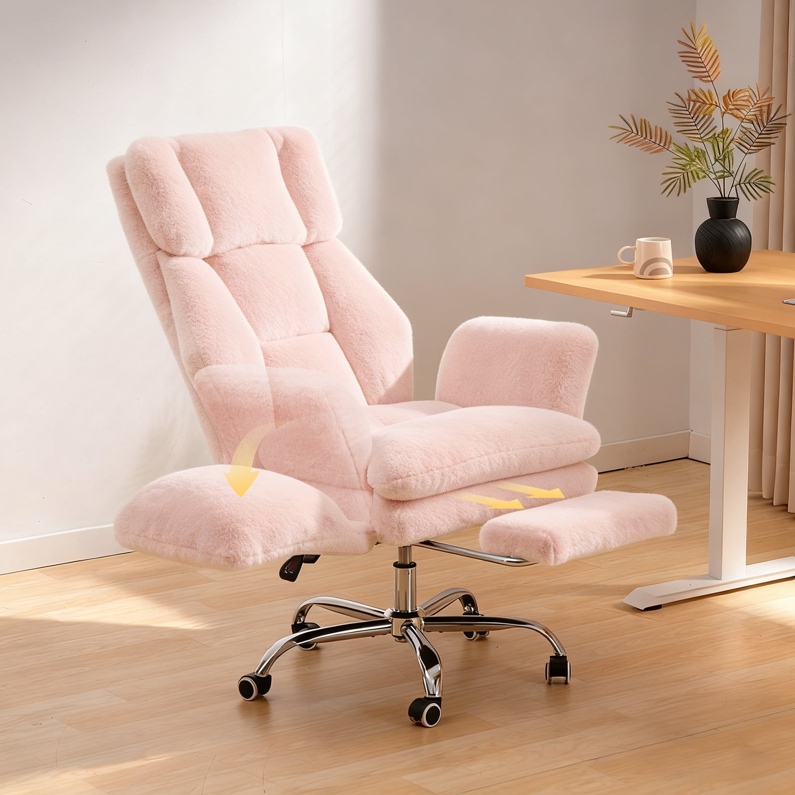 Big and Tall Office Chair, Cloud Plush Swivel Desk Chair with 6-Level Adjustable Armrests, Home Ergonomic Executive Office Chair for Work, Gaming, Pink