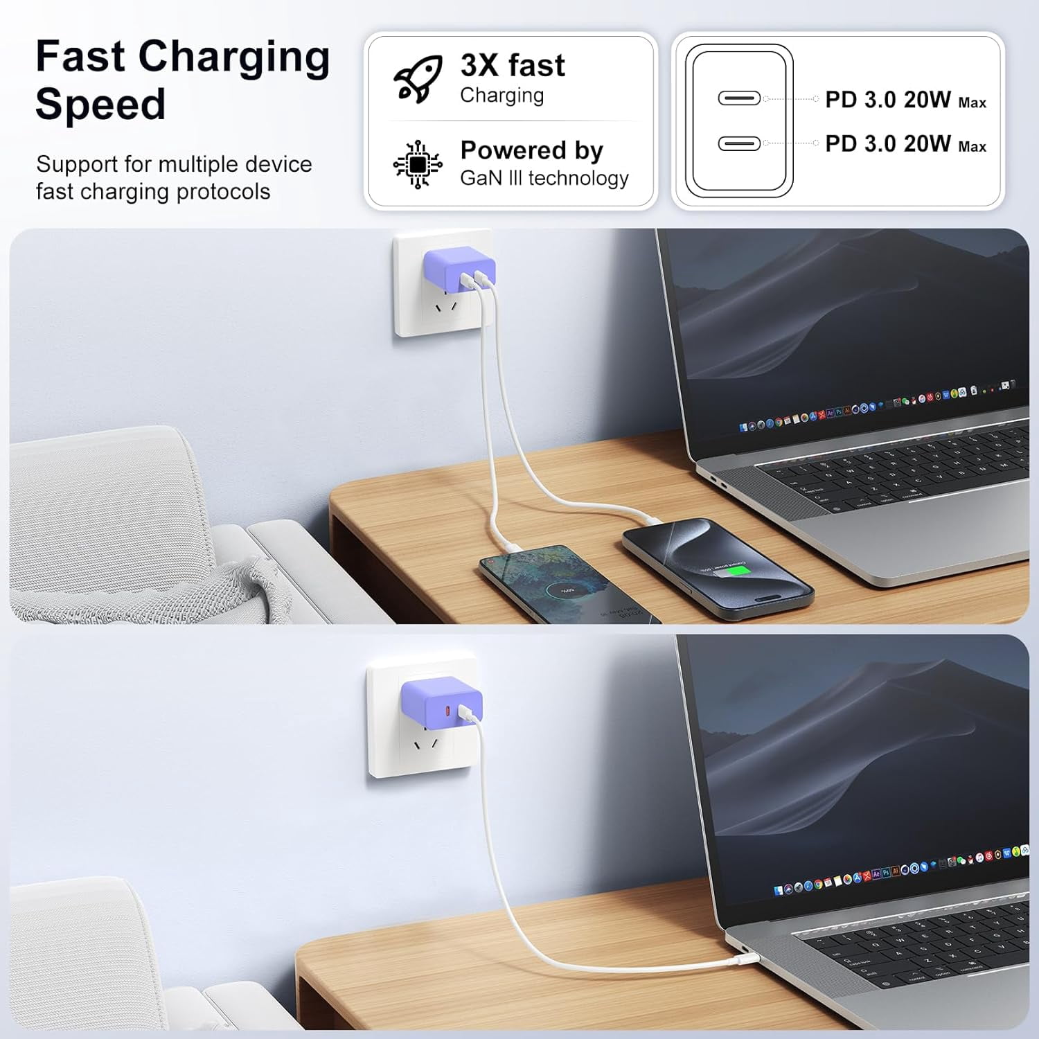Unbranded 40W Dual USB C Charger Block,2-Port Fast USB-C Power Adapter Wall Charger Plug Type C Charging Block for Laptop Computer & Tablets/Phones iPhone 15/14/13/12/11/X, iPad,Samsung,Google 2 Pack