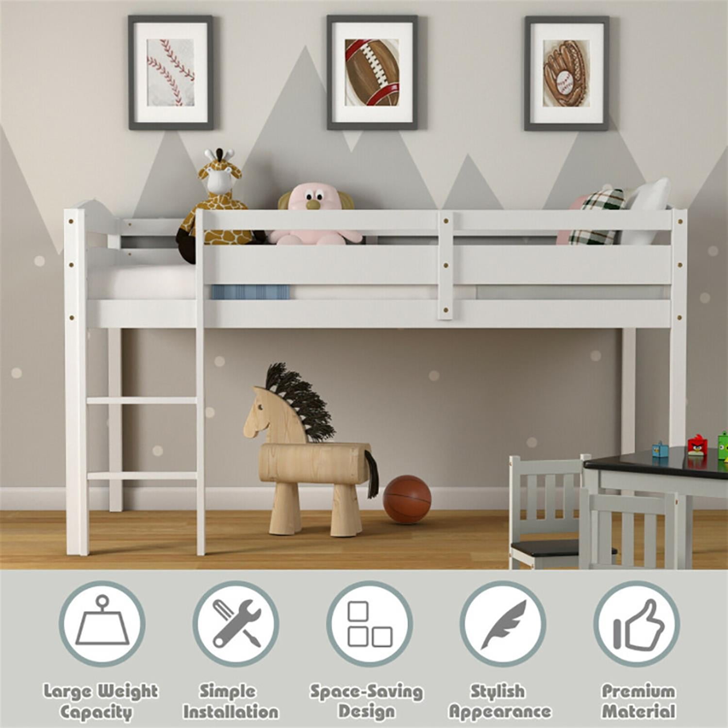 Demi Bonn Loft Bed Twin Size, Solid Wood Low Loft Bed with Guard Rail and Ladder, Modern Wooden Loft Bunk Bed Frame, White